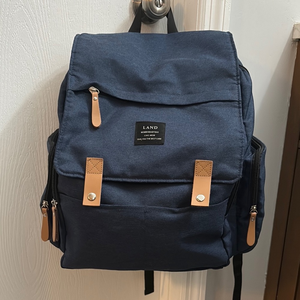 Mommy AND Baby Blue and Tan Backpack with Leather Accents